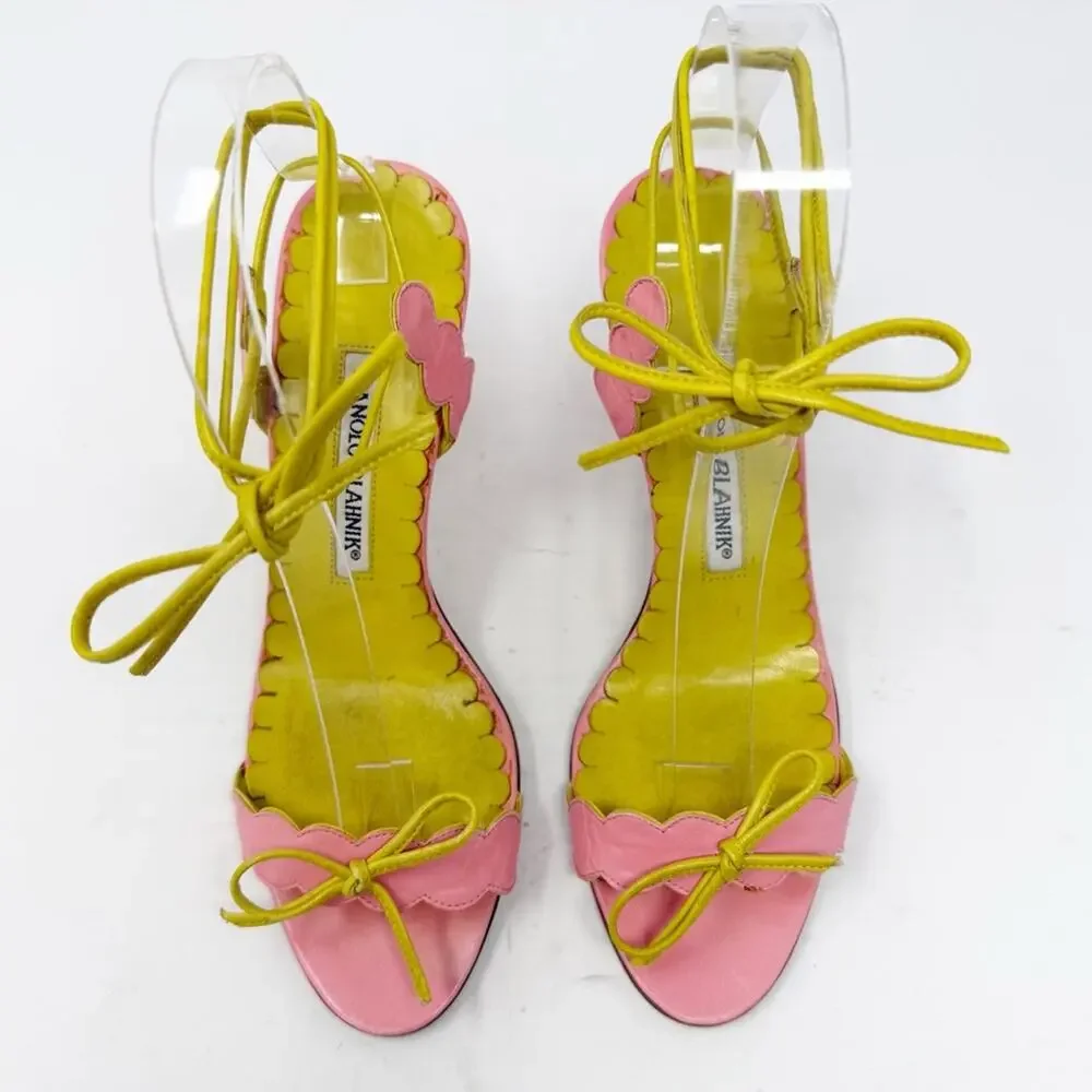 Manolo Blahnik Ankle Strap Sandal Heels Scalloped Pink Yellow Womens Size EU 37